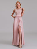 Illusion Cap Sleeves Chiffon Side Slit Bridesmaid Dress With Lace