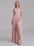 Illusion Cap Sleeves Chiffon Side Slit Bridesmaid Dress With Lace