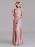 Illusion Cap Sleeves Chiffon Side Slit Bridesmaid Dress With Lace
