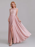 Illusion Cap Sleeves Chiffon Side Slit Bridesmaid Dress With Lace