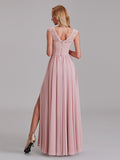 Illusion Cap Sleeves Chiffon Side Slit Bridesmaid Dress With Lace