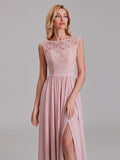 Illusion Cap Sleeves Chiffon Side Slit Bridesmaid Dress With Lace