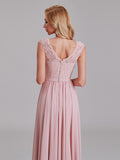 Illusion Cap Sleeves Chiffon Side Slit Bridesmaid Dress With Lace