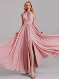 Halter V-Neck Sleeveless Pleated Chiffon Long Bridesmaid Dresses With Slit