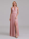 Halter V-Neck Sleeveless Pleated Chiffon Long Bridesmaid Dresses With Slit