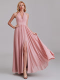 Halter V-Neck Sleeveless Pleated Chiffon Long Bridesmaid Dresses With Slit