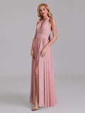 Halter V-Neck Sleeveless Pleated Chiffon Long Bridesmaid Dresses With Slit