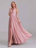 Halter V-Neck Sleeveless Pleated Chiffon Long Bridesmaid Dresses With Slit