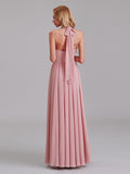 Halter V-Neck Sleeveless Pleated Chiffon Long Bridesmaid Dresses With Slit