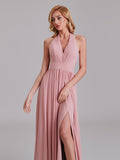 Halter V-Neck Sleeveless Pleated Chiffon Long Bridesmaid Dresses With Slit