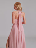 Halter V-Neck Sleeveless Pleated Chiffon Long Bridesmaid Dresses With Slit