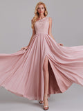 See Through One Shoulder Side Slit Long Bridesmaid Dress With Lace