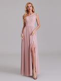 See Through One Shoulder Side Slit Long Bridesmaid Dress With Lace