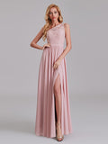 See Through One Shoulder Side Slit Long Bridesmaid Dress With Lace