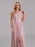 See Through One Shoulder Side Slit Long Bridesmaid Dress With Lace