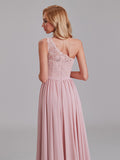 See Through One Shoulder Side Slit Long Bridesmaid Dress With Lace