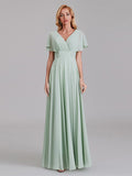 Elegant V-Neck Short Sleeves Chiffon Long Bridesmaid Dresses With Bow