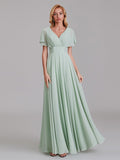 Elegant V-Neck Short Sleeves Chiffon Long Bridesmaid Dresses With Bow