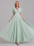 Elegant V-Neck Short Sleeves Chiffon Long Bridesmaid Dresses With Bow