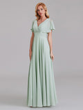 Elegant V-Neck Short Sleeves Chiffon Long Bridesmaid Dresses With Bow