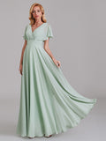 Elegant V-Neck Short Sleeves Chiffon Long Bridesmaid Dresses With Bow