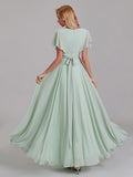 Elegant V-Neck Short Sleeves Chiffon Long Bridesmaid Dresses With Bow