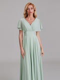 Elegant V-Neck Short Sleeves Chiffon Long Bridesmaid Dresses With Bow