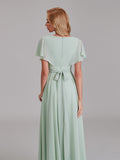 Elegant V-Neck Short Sleeves Chiffon Long Bridesmaid Dresses With Bow