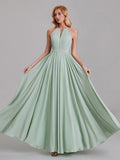 New Arrival A-Line Halter Chiffon Simple Floor-Length Bridesmaid Dress With Pleated