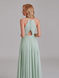 New Arrival A-Line Halter Chiffon Simple Floor-Length Bridesmaid Dress With Pleated
