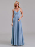Simple V-Neck Spaghetti Straps Pleated Chiffon Long Bridesmaid Dresses