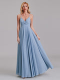 Simple V-Neck Spaghetti Straps Pleated Chiffon Long Bridesmaid Dresses