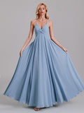 Simple V-Neck Spaghetti Straps Pleated Chiffon Long Bridesmaid Dresses