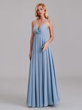 Simple V-Neck Spaghetti Straps Pleated Chiffon Long Bridesmaid Dresses