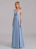 Simple V-Neck Spaghetti Straps Pleated Chiffon Long Bridesmaid Dresses