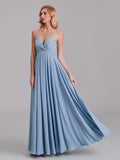 Simple V-Neck Spaghetti Straps Pleated Chiffon Long Bridesmaid Dresses