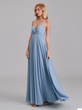 Simple V-Neck Spaghetti Straps Pleated Chiffon Long Bridesmaid Dresses