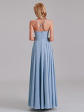 Simple V-Neck Spaghetti Straps Pleated Chiffon Long Bridesmaid Dresses