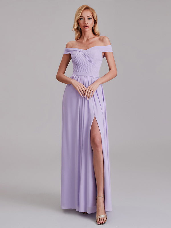 Fabulous Off The Shoulder Pleated Long Bridesmaid Dresses With Slit