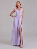Newest V-Neck Sleeveless Side Slit Floor-Length Bridesmaid Dress With Pleated