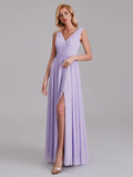 Newest V-Neck Sleeveless Side Slit Floor-Length Bridesmaid Dress With Pleated