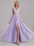 Newest V-Neck Sleeveless Side Slit Floor-Length Bridesmaid Dress With Pleated