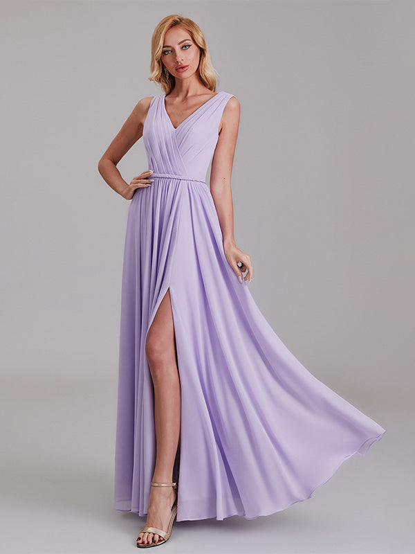 Newest V-Neck Sleeveless Side Slit Floor-Length Bridesmaid Dress With Pleated