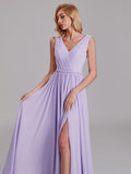 Newest V-Neck Sleeveless Side Slit Floor-Length Bridesmaid Dress With Pleated