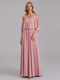 Charming A-Line Off Shoulder Pleated Chiffon Long Bridesmaid Dresses
