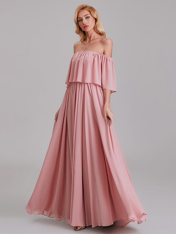 Charming A-Line Off Shoulder Pleated Chiffon Long Bridesmaid Dresses