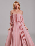 Charming A-Line Off Shoulder Pleated Chiffon Long Bridesmaid Dresses