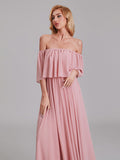 Charming A-Line Off Shoulder Pleated Chiffon Long Bridesmaid Dresses