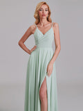 V-Neck Spaghetti Straps Side Slit Chiffon Floor-Length Bridesmaid Dresses