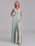 New Arrival V-Neck Sleeveless Chiffon Long Bridesmaid Dresses With Slit